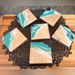 Coasters Ocean Themed Epoxy Resin & Wood Features a Beach Wave Design 
Set of 6
